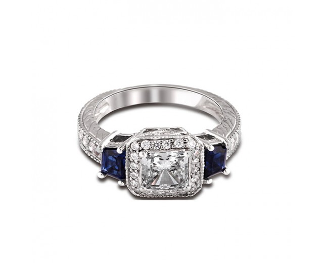 14K White Gold Sofia Halo Diamond and Sapphire Engagement Ring