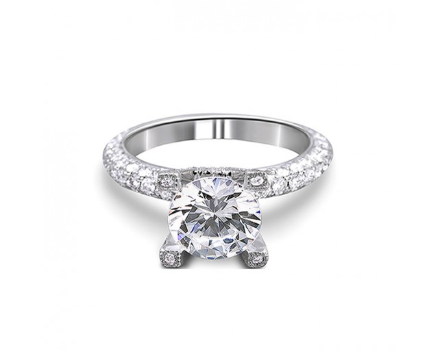 14K White Gold Solitaire Pave Diamond Engagement Ring
