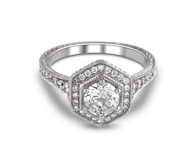 14K White Gold Vintage Halo Diamond Engagement Ring