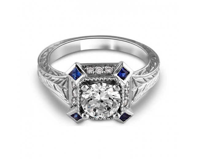 14K White Gold Art Deco Halo Diamond and Sapphire Engagement Ring