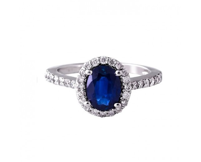14k White Gold Halo Round  Diamond and Deep Blue Sapphire Engagement Ring
