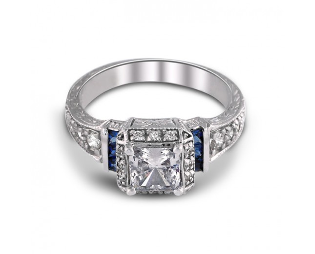 14K White Gold Diana Halo Diamond and Sapphire Ring