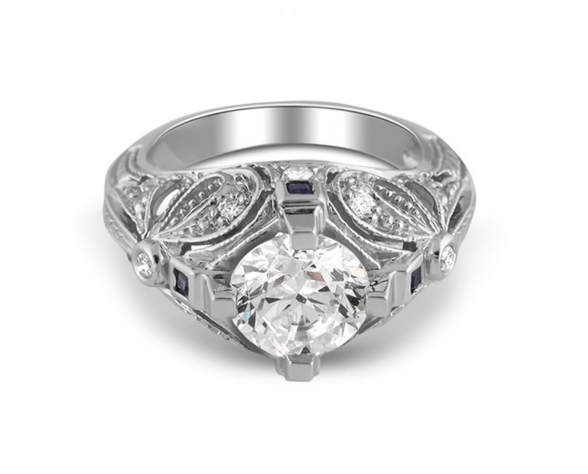 14K White Gold Engraved Filigree Diamond  and Sapphire Engagement Ring
