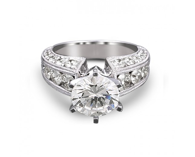 14K White Gold Milgrain Channel-Pave Solitaire Engagement Ring 