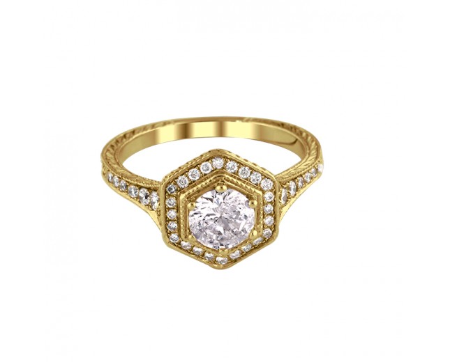 14K Yellow Gold Vintage Halo Diamond Engagement Ring