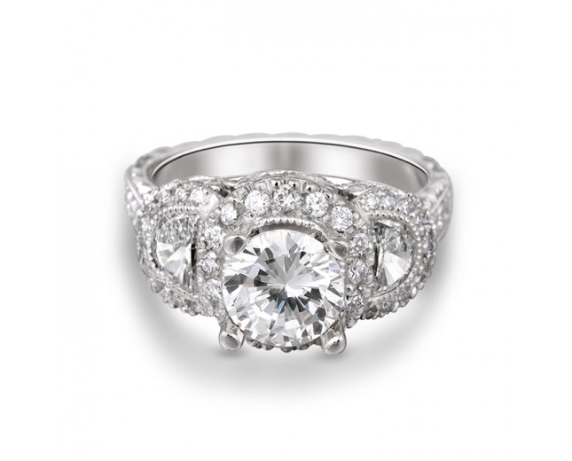 Platinum Half-Moon Milgrain Halo Pave Diamond Engagement Ring