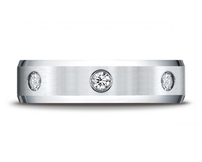 18k White Gold 6mm Comfort-Fit High Polish Edge Satin Center Burnish Set 3-Stone Diamond Ring (.18ct) (Wed_Ring_Diamond)