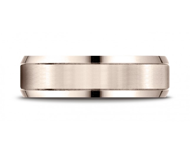 14k Rose Gold 6mm Comfort-Fit Satin-Finished High Polished Beveled Edge Carved Design Band
