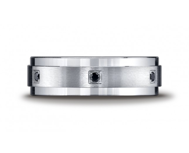 Argentium Silver 7mm Comfort-Fit Pave Set 6-Stone Black Diamond Design Band 