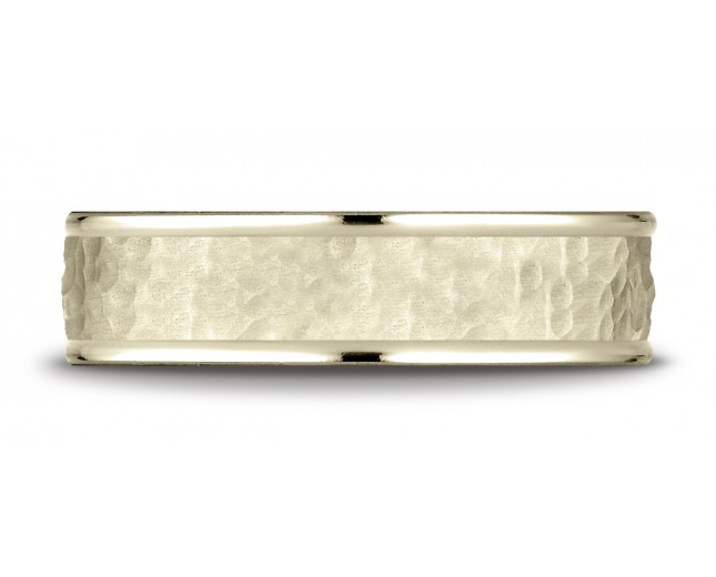 14k Yellow Gold Comfort Fit 6mm High Polish Edge Hammered Center Design Men's Wedding Band