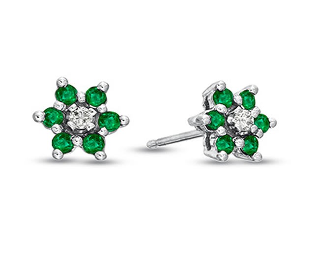 14k Gold White Emerald and Diamond Flower Cluster Earrings