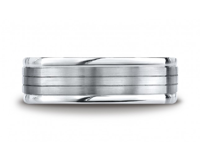 14k White Gold 7mm Comfort-Fit Satin-Finished Parallel Center Cuts Four-Sided Carved Design Band