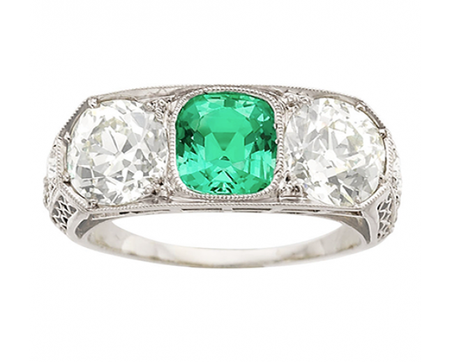 Platinum Art Deco Cushion Shaped Emerald And European Cut Diamond Three Stone Ring 