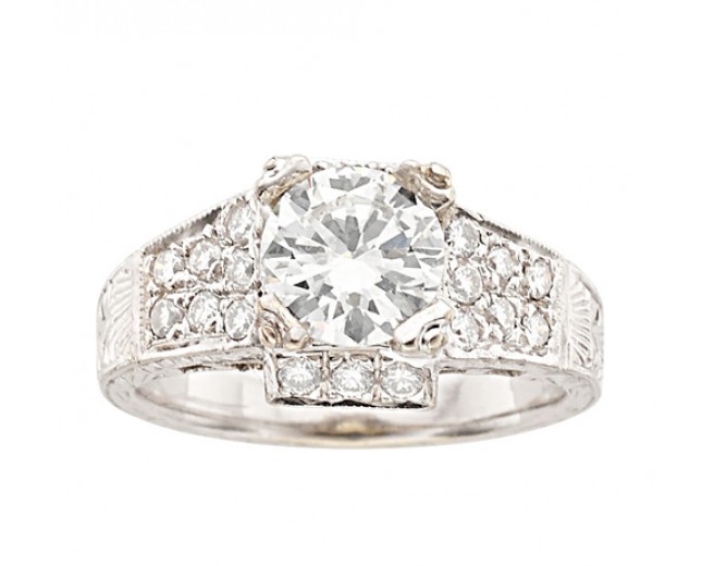14k White Gold Round Brilliant Cut Diamond Antique Ring 