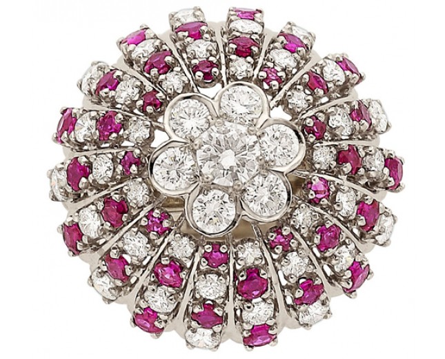 14k White Gold Round Shape Ruby And Full Cut Diamond Ring 