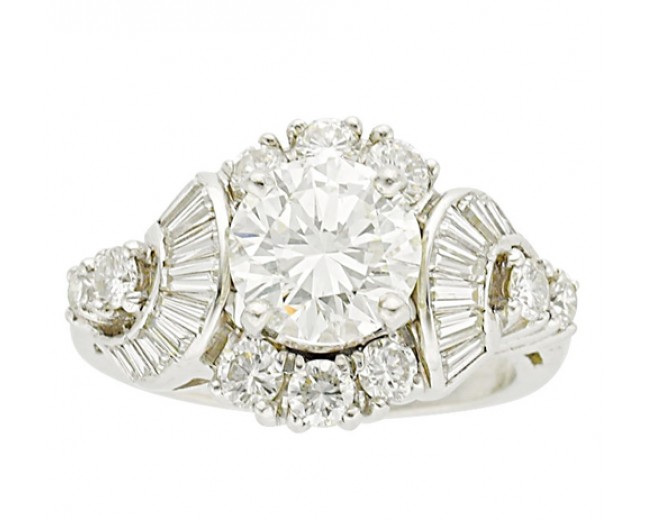Platinum Round Brilliant Cut Baguette Cut Full Cut Diamonds Ring  