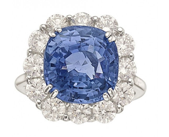 14K White Gold Cushion Shaped Sapphire and Full Cut Diamond Ring 