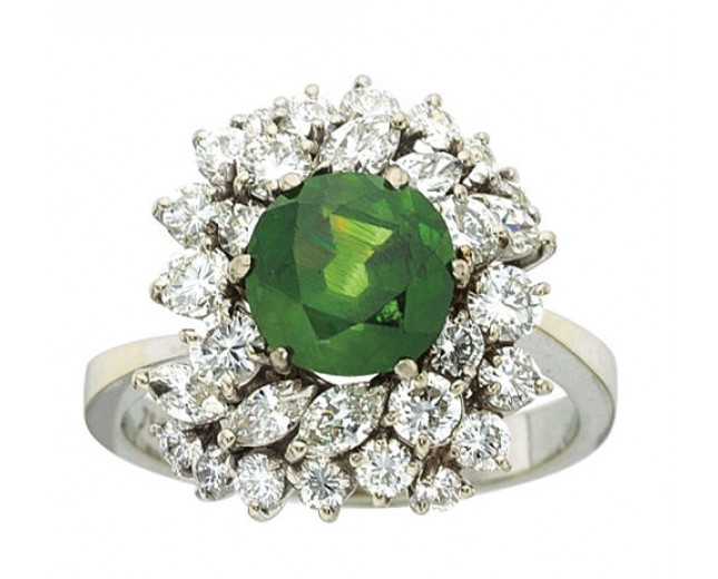 18k White Gold Round Cut Demantoid Garnet and Marquise Diamond Ring  