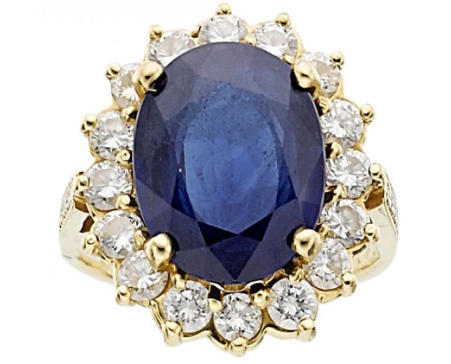 18K Yellow Gold Antique Oval Cut Sapphire and Round Diamond Ring