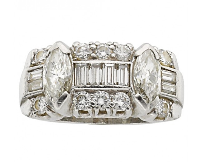Platinum Full, Marquise, Baguette Cut Diamond Ring 