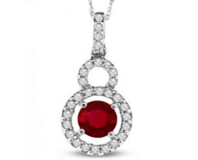  14k White Gold Fire Red Round Ruby and Round Diamond Pendant 