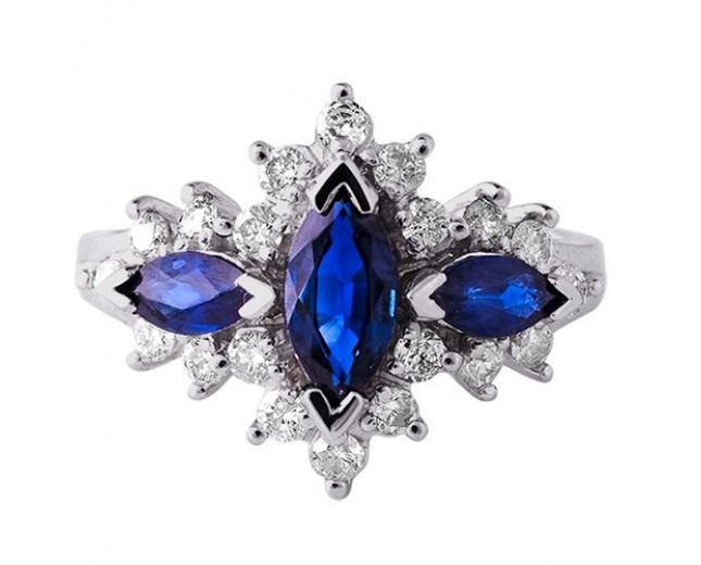 14k White Gold  Marquise Shaped Sapphire and Round Diamond Ring 