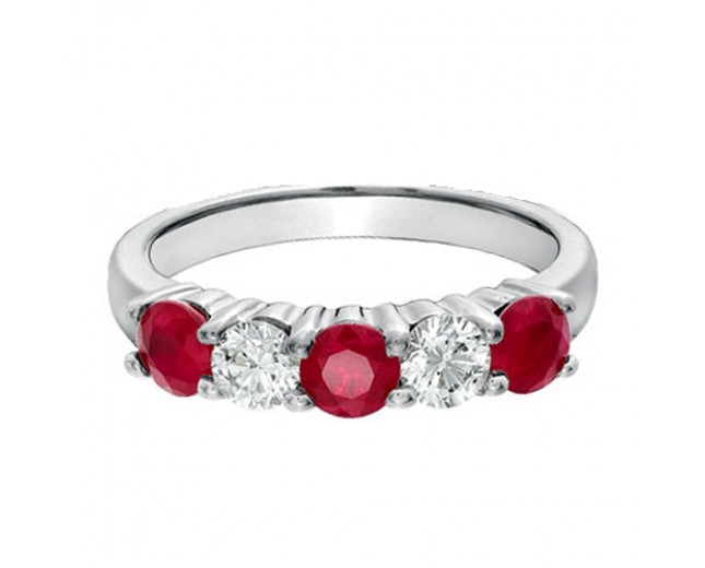 14k White Gold Round Fire Red Ruby and Round Diamond Ring  