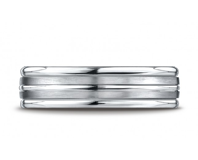 18k White Gold 6mm Comfort-Fit Satin-Finished High Polished Center Trim and Round Edge Carved Design Band