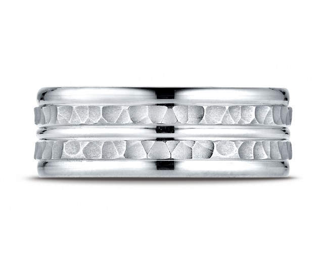 14k White Gold Men's Wedding Ring 8mm Comfort-Fit Hammer-Finished High Polished Center Trim and Round Edge Carved Design Band