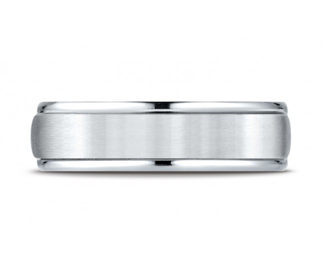 14k White Gold 6mm Comfort-Fit Satin Finish High Polished Round Edge Carved Design Band