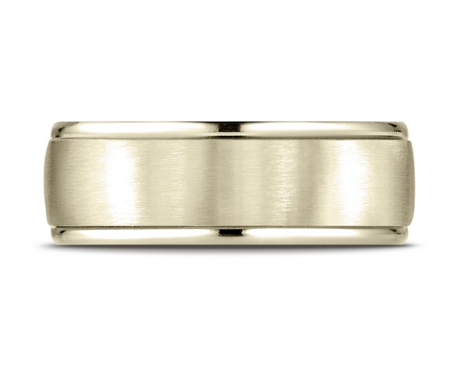 18k Yellow Gold 8mm Comfort-Fit Satin Finish High Polished Round Edge Carved Design Band