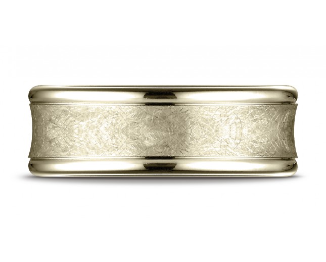 14k Yellow Gold 7.5 mm Comfort Fit Swirled Finish Center  Round Edge Design Band