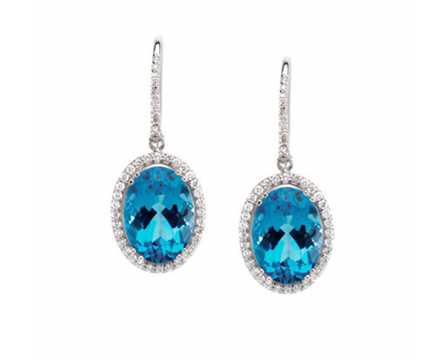 14K White Gold Oval Shaped Swiss Blue Topaz and Round Diamond Earrings