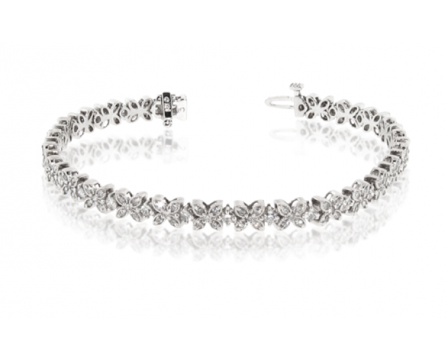14K White Gold Flower Cluster Design Diamond Bracelet
