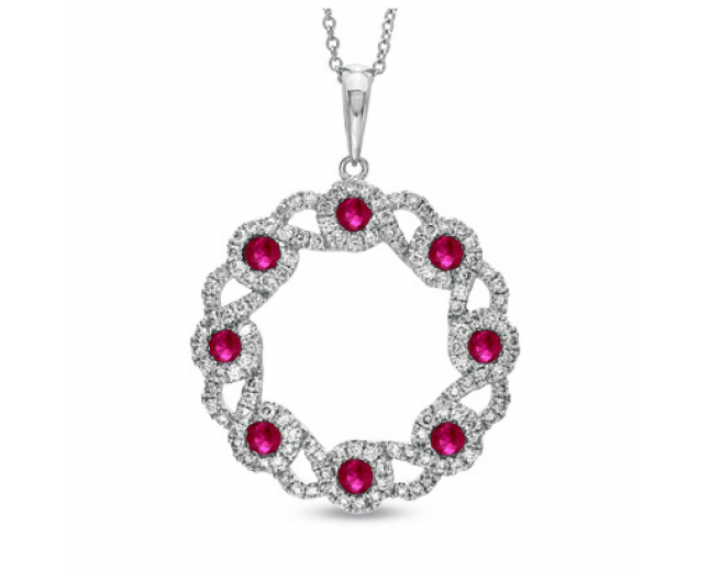 14k White Gold Circle Pendant with Ruby and Diamonds 