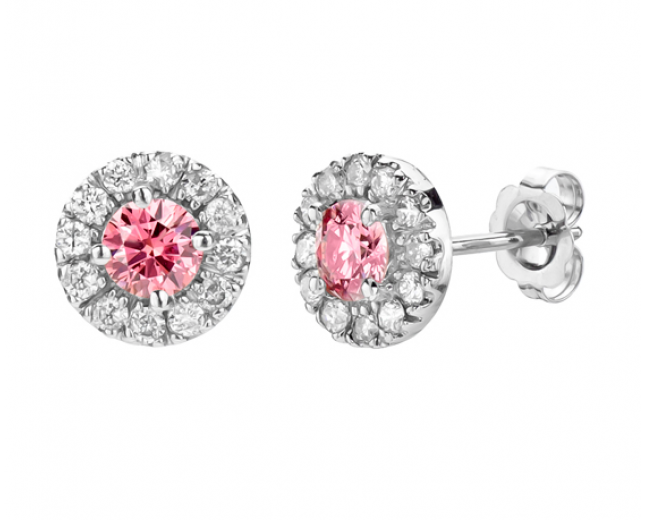 14k White Gold Pink Enhanced Halo Diamond Earrings 