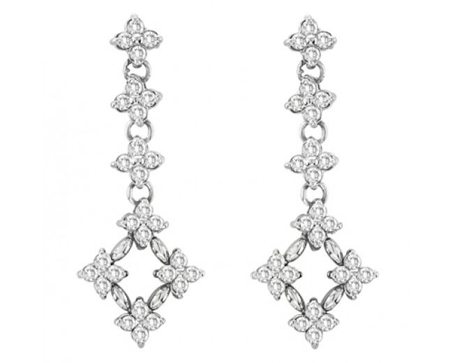 14k White Gold Round Diamond Flower Pattern Chandelier Earrings 
