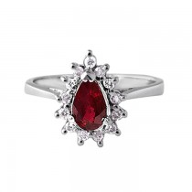 14k White Gold Pear Shaped Red Ruby and Round Diamond Ring