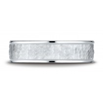 14k White Gold Comfort Fit 6mm High Polish Edge Hammered Center Design Men's Wedding Band