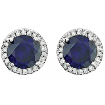 14K White Gold Round Blue Sapphire and  Round Diamond Halo Earrings
