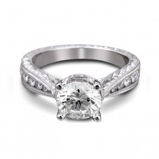 14K White Gold Hand Engraved Channel-Pave Set Diamond Engagement 