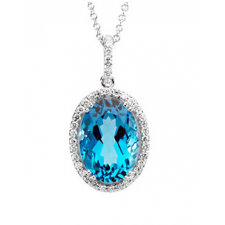 14K White Gold Swiss Blue Topaz Halo Diamond Pendant