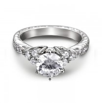 14K White Gold Engraved Three Stone Pave Diamond Engagement Ring