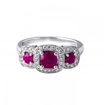 14k White Gold Ruby and Diamond Three Stone Design Fashion Ring