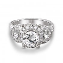 14K White Gold Half-Moon Milgrain Halo Pave Diamond Engagement Ring