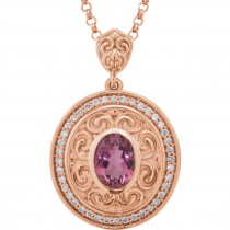 14K Rose Gold Oval Pink Tourmaline Diamond Pendant