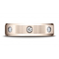 14k Rose Gold 6mm Comfort-Fit High Polish Edge Satin Center Burnish Set 3-Stone Diamond Ring (.18ct) (Wed_Ring_Diamond)