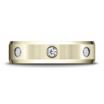 14k Yellow Gold 6mm Comfort-Fit High Polish Edge Satin Center Burnish Set 3-Stone Diamond Ring (.18ct) (Wed_Ring_Diamond)