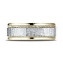 14k Two-Toned 8mm Comfort-Fit Hammered-Finished with Milgrain Carved Design Band
