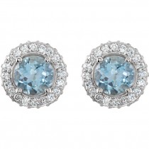 14K White Gold Aquamarine Halo Diamond Earrings 
